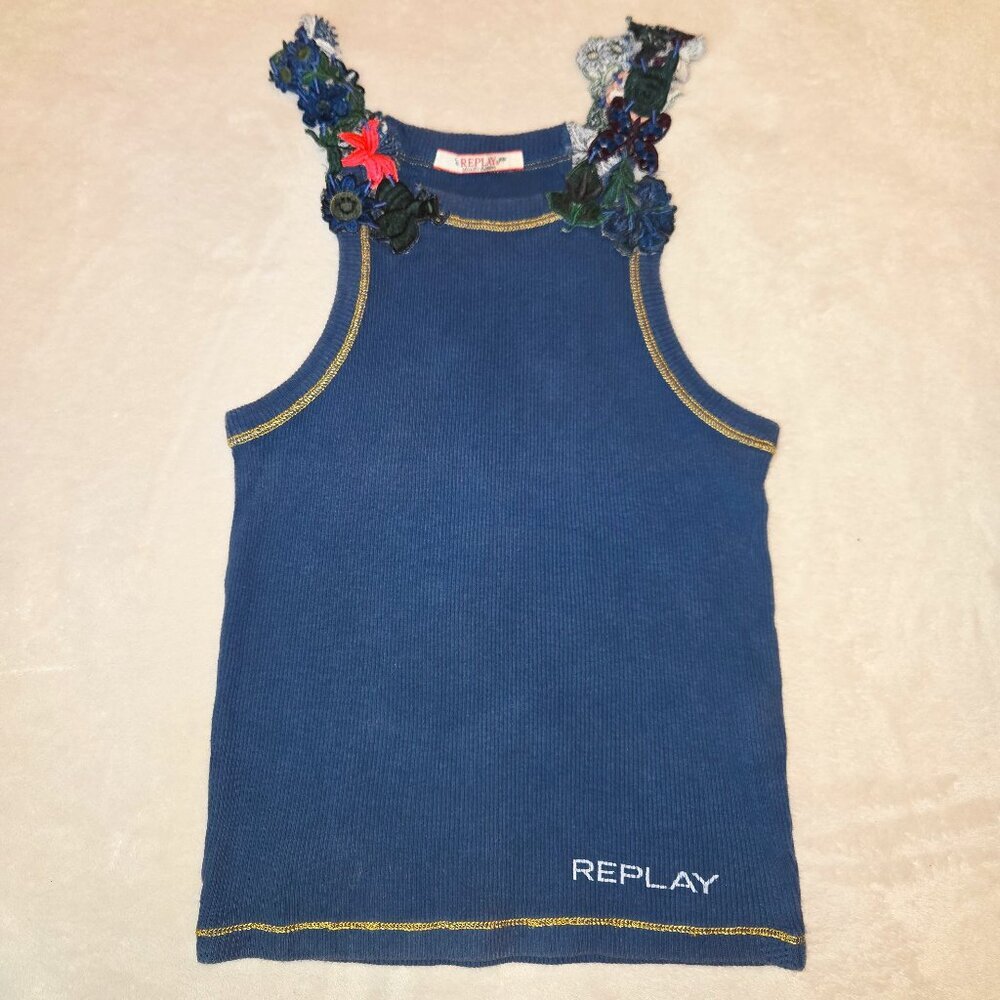 Replay Girls Navy Ribbed Tank Top Floral Strap Sleeveless Logo XS Y2K